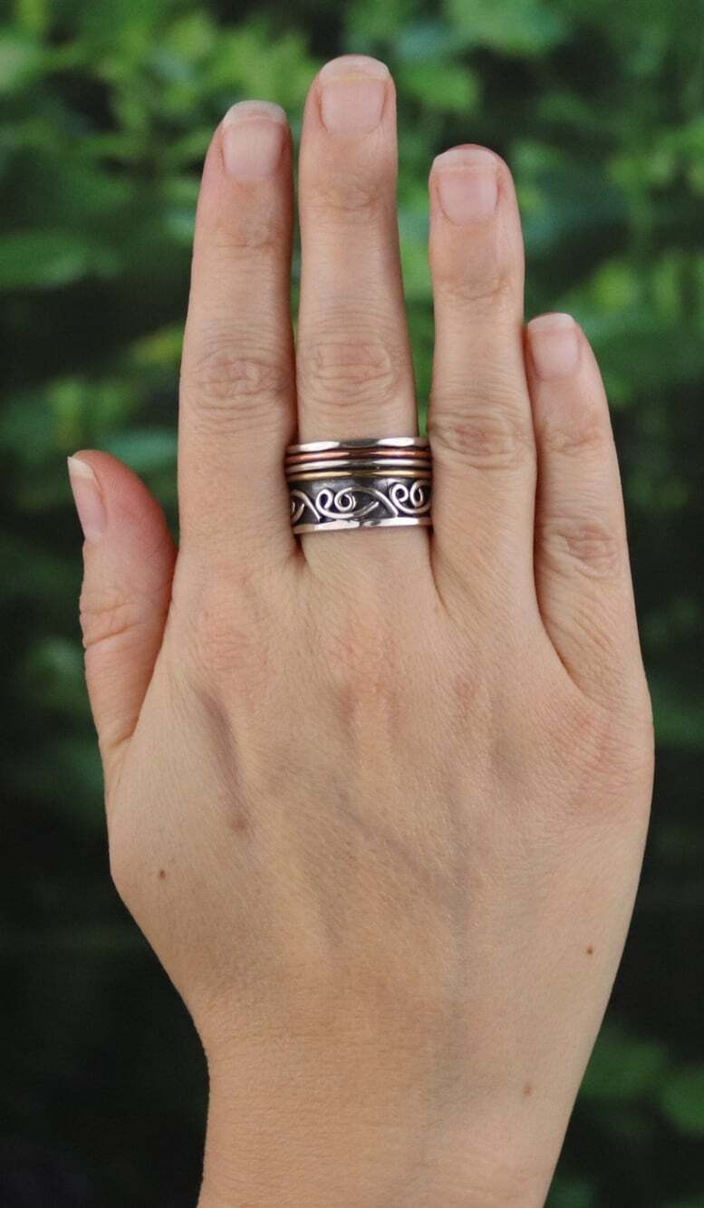 Sterling Silver Unique Thick Band Spinner Ring Bronze & Copper Size 8 - Picture 2 of 7